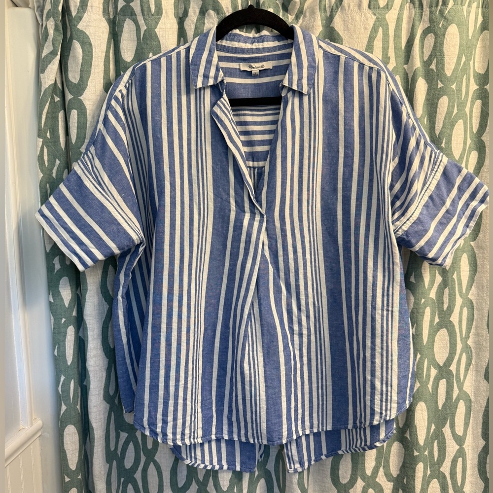 Madewell courier linen blue white stripe short sleeve popover shirt size L